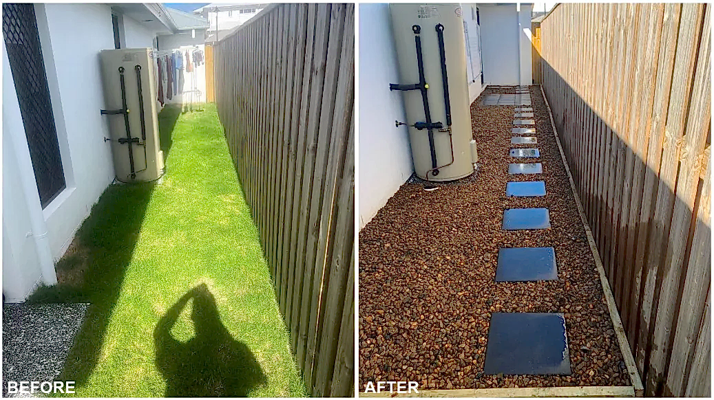 Before and after of side yard lawn replaced with pebbles and stepper pavers