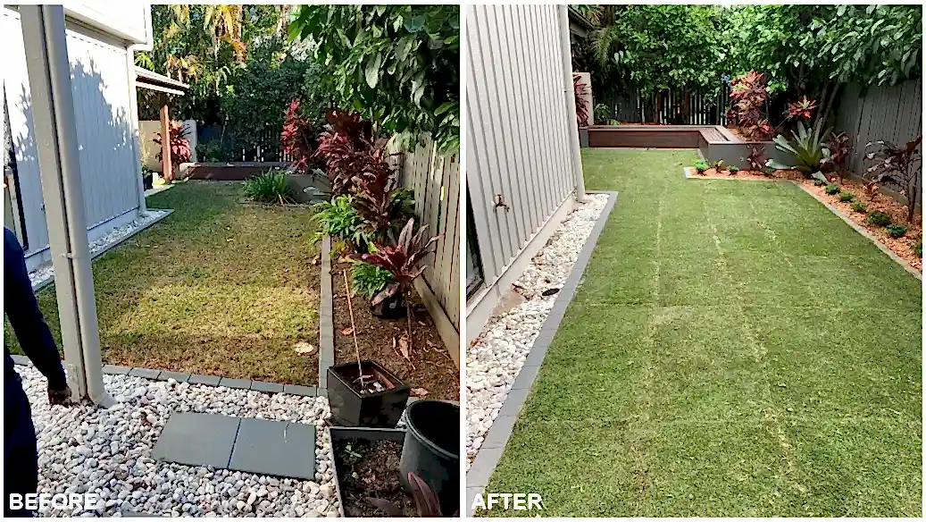 Backyard before and after new ShadeTuff lawn and mulched garden beds in Corinda