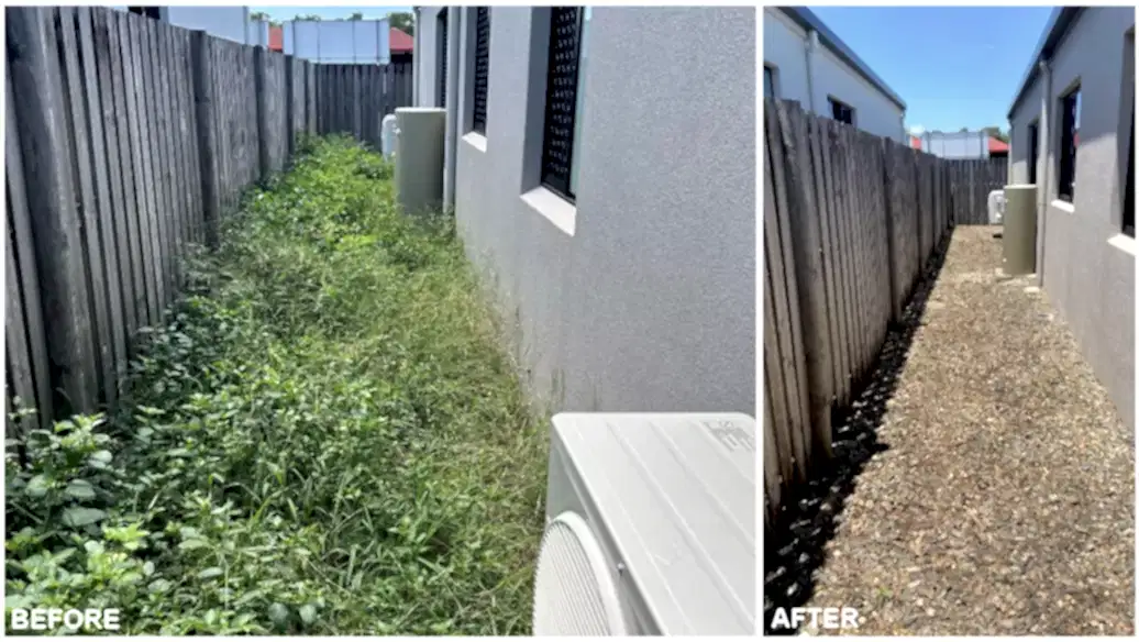 Before and after of side yard weeds cleared and replaced with clean gravel path