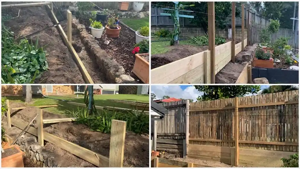 Timber retaining wall and boundary fence being installed step by step