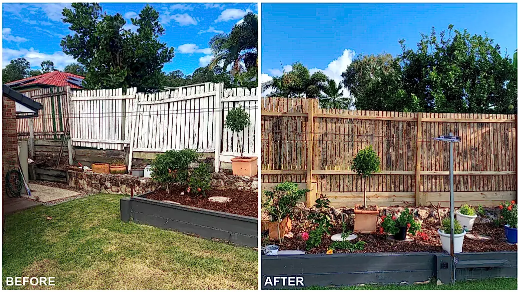 Backyard before and after with failing white fence replaced by new timber fence