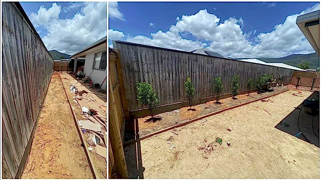 Side yard during garden install with timber edging and newly planted Lilly Pilly shrubs