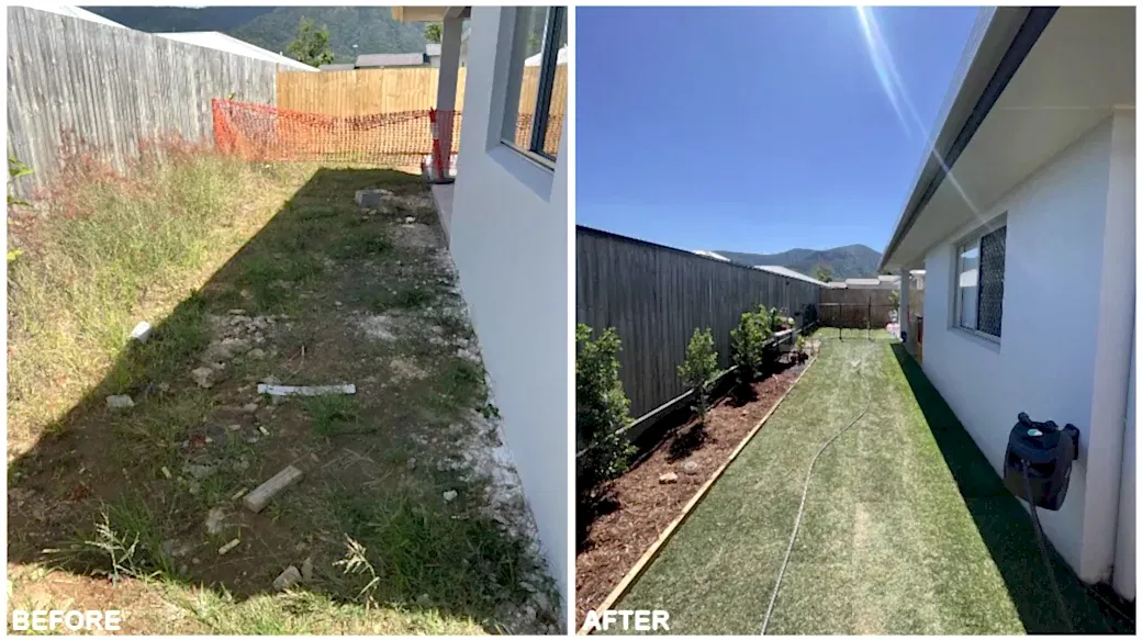 Before and after side yard transformed from rough builder’s soil to turf and hedge garden