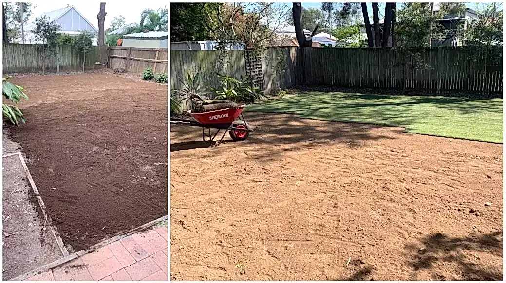 Backyard soil tilled and levelled with fresh base soil ready for new turf rolls